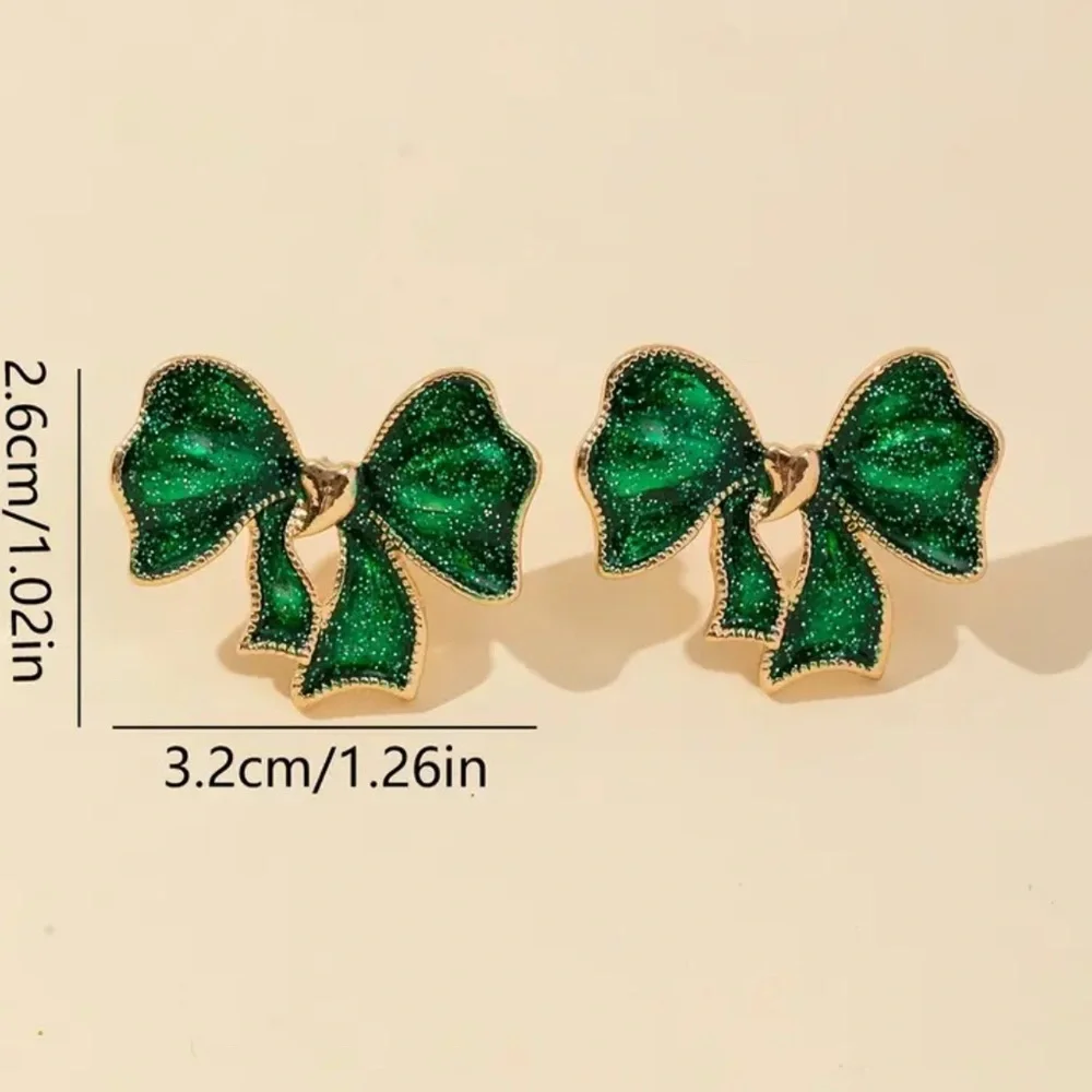 Glittery Bowknot Druzy Emerald Green Gold Stud‎ Earrings St. Patrick’s Day NEW